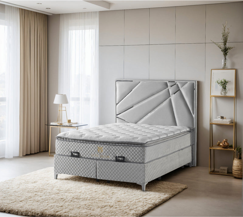 Helix Divan Bed & Mattress Set Kingsize Silver Velvet & Chrome