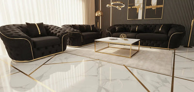 Ambassador 3+2+1 Seater Sofa Set – Black Velvet with Gold Detailing | Luxury Modern Living F I INTERIORS
