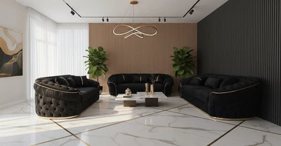 Ambassador 3+2+1 Seater Sofa Set – Black Velvet with Gold Detailing | Luxury Modern Living F I INTERIORS
