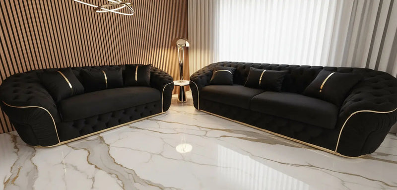 Ambassador 3+2+1 Seater Sofa Set – Black Velvet with Gold Detailing | Luxury Modern Living F I INTERIORS