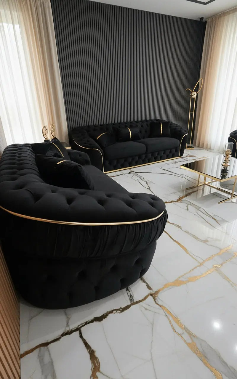 Ambassador 3+2+1 Seater Sofa Set – Black Velvet with Gold Detailing | Luxury Modern Living F I INTERIORS
