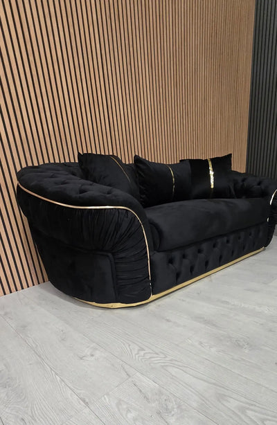 Ambassador 3+2+1 Seater Sofa Set – Black Velvet with Gold Detailing | Luxury Modern Living F I INTERIORS