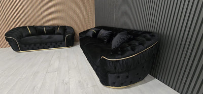 Ambassador 3+2+1 Seater Sofa Set – Black Velvet with Gold Detailing | Luxury Modern Living F I INTERIORS
