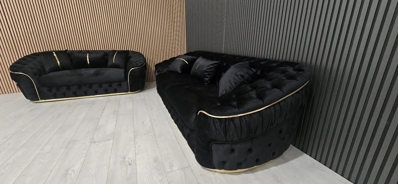 Ambassador 3+2+1 Seater Sofa Set – Black Velvet with Gold Detailing | Luxury Modern Living F I INTERIORS
