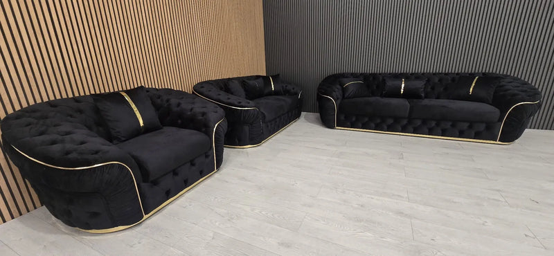 Ambassador 3+2+1 Seater Sofa Set – Black Velvet with Gold Detailing | Luxury Modern Living F I INTERIORS