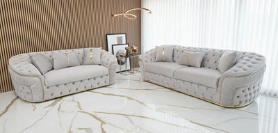 Ambassador 3+2 Seater Sofa – Champagne Velvet with Gold Detailing | Luxury Modern Sofa CELEBRITY INTERIORS