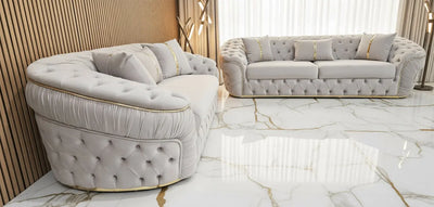 Ambassador 3+2 Seater Sofa – Champagne Velvet with Gold Detailing | Luxury Modern Sofa CELEBRITY INTERIORS