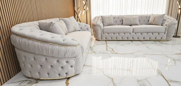 Ambassador 3+2 Seater Sofa – Champagne Velvet with Gold Detailing | Luxury Modern Sofa CELEBRITY INTERIORS