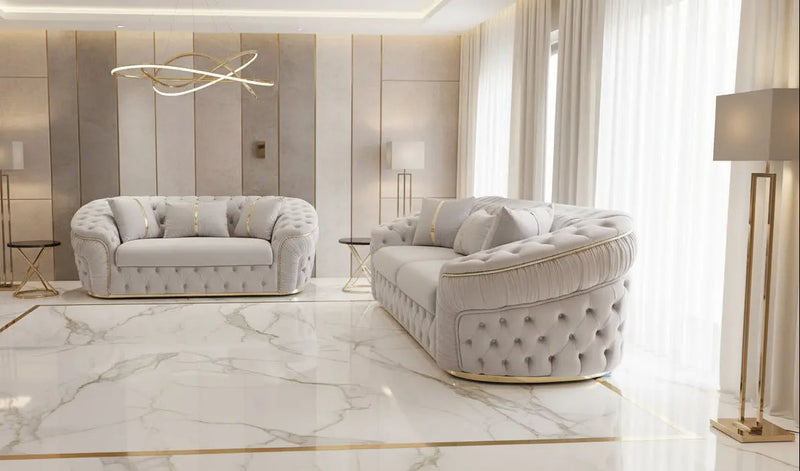 Ambassador 3+2 Seater Sofa – Champagne Velvet with Gold Detailing | Luxury Modern Sofa CELEBRITY INTERIORS