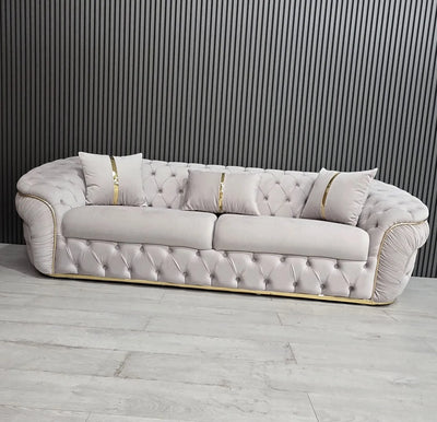 Ambassador 3+2 Seater Sofa – Champagne Velvet with Gold Detailing | Luxury Modern Sofa CELEBRITY INTERIORS