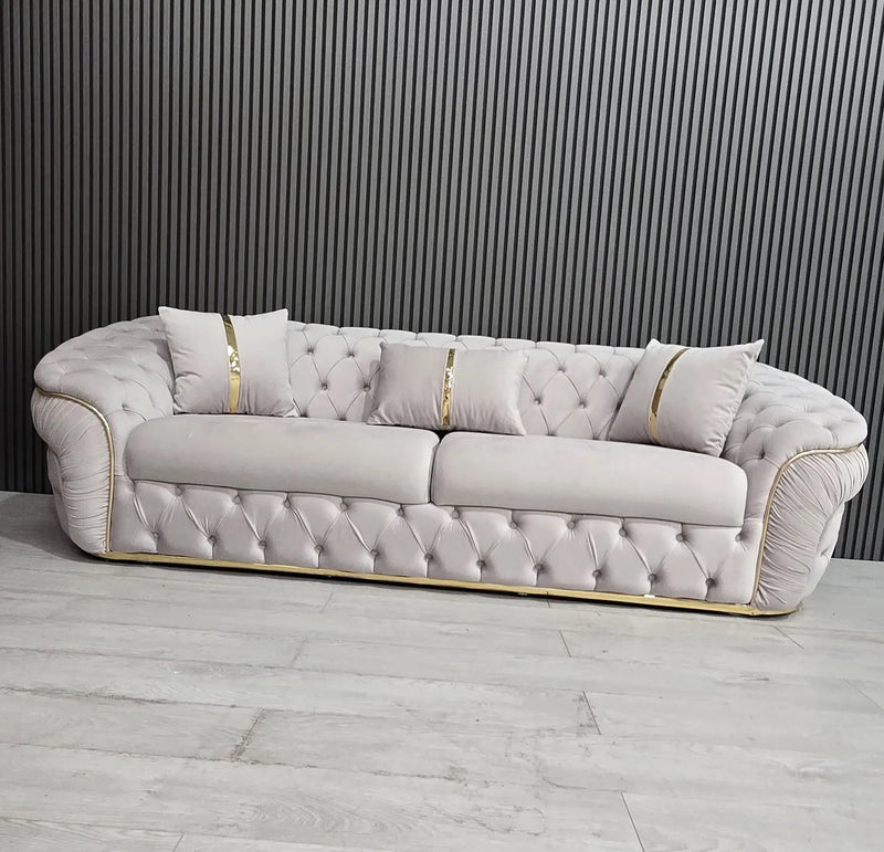 Ambassador 3+2 Seater Sofa – Champagne Velvet with Gold Detailing | Luxury Modern Sofa CELEBRITY INTERIORS