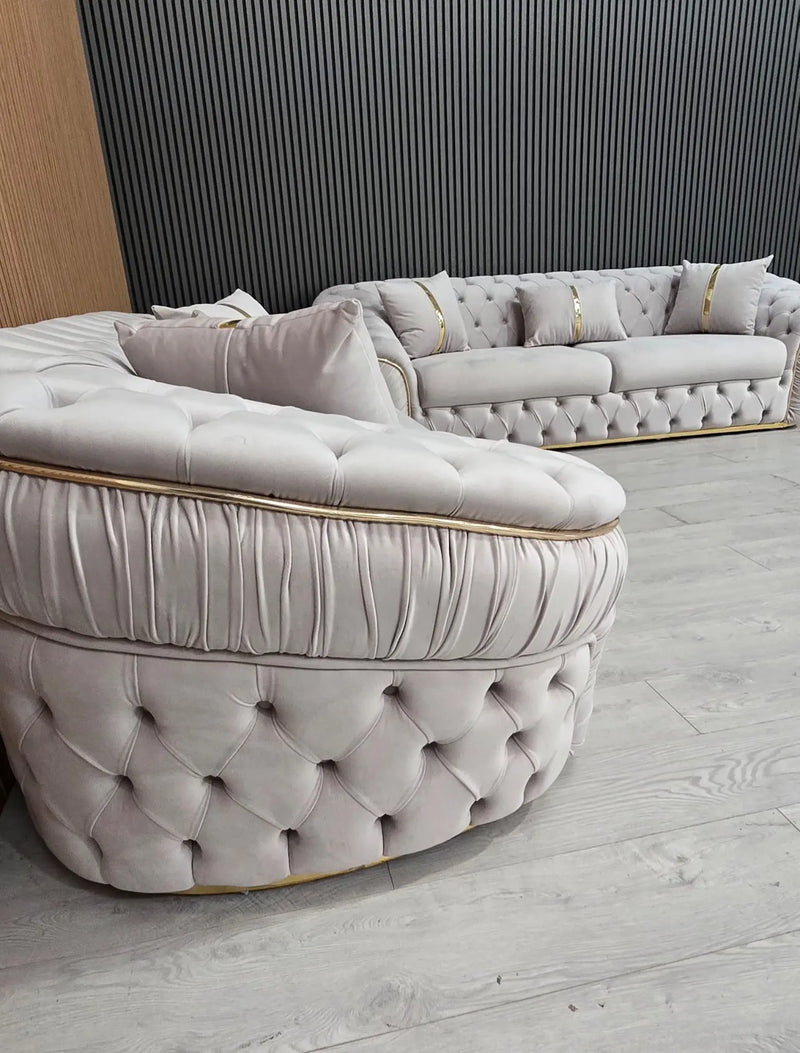 Ambassador 3+2 Seater Sofa – Champagne Velvet with Gold Detailing | Luxury Modern Sofa CELEBRITY INTERIORS