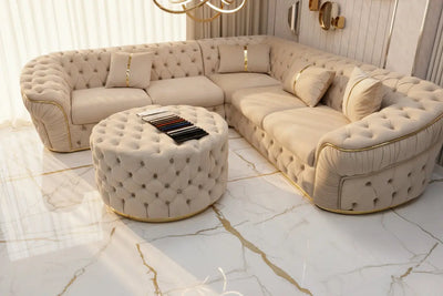 Ambassador Corner Sofa – Champagne Velvet with Gold Detailing | Luxury L-Shaped Sofa CELEBRITY INTERIORS