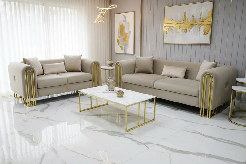 Elmira 3+2 Seater Sofa Set – Beige Velvet with Gold Detailing & Legs | Modern Luxury Sofa F I INTERIORS