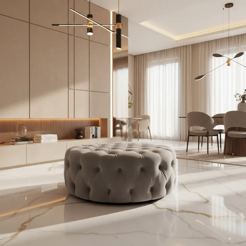 Chesterfield Round Sofa Footstool – Full Upholstery Design F I INTERIORS