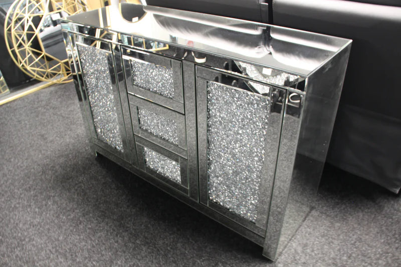 Roma 2 Door 3 Drawer Large Sideboard – Crushed Diamond Mirrored Finish | Luxury Home Furniture