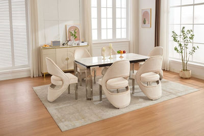 Santorini Sintered Stone Dining Table with Chrome Legs & Cream Shimmer Fabric Chairs