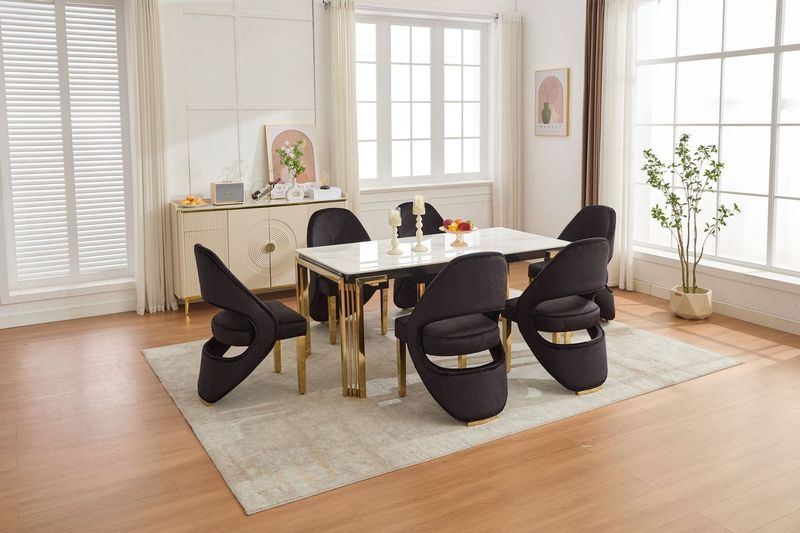 Santorini Sintered Stone Dining Table + Black & Gold Dining Chairs