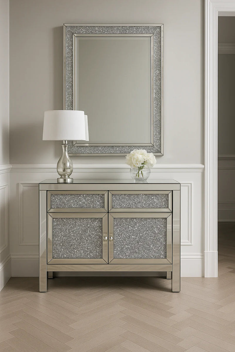 Roma 2 Door 2 Drawer Small Sideboard – Crushed Diamond Mirrored Finish | Luxury Home Furniture