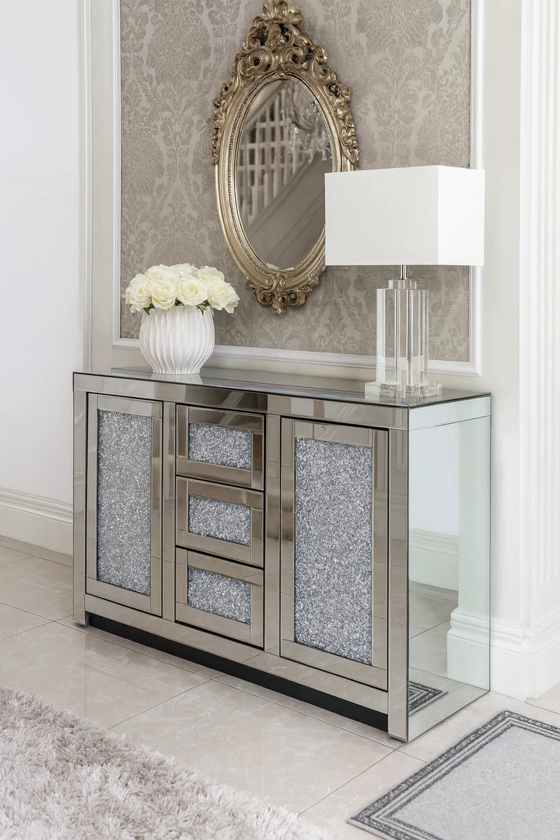 Roma 2 Door 3 Drawer Large Sideboard – Crushed Diamond Mirrored Finish | Luxury Home Furniture