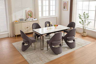 Santorini Sintered Stone Dining Table with Chrome Legs & Grey Shimmer Fabric Chairs