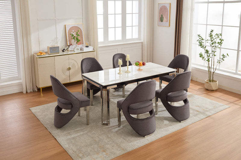 Santorini Sintered Stone Dining Table with Chrome Legs & Grey Shimmer Fabric Chairs