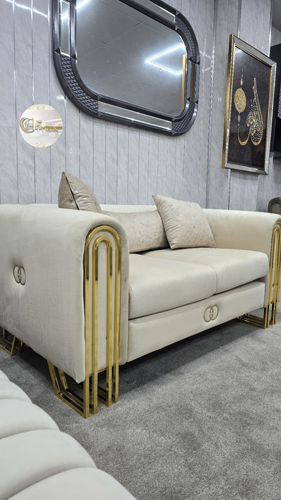 Elmira 3+2 Sofa In Champagne Velvet With Gold Detailing