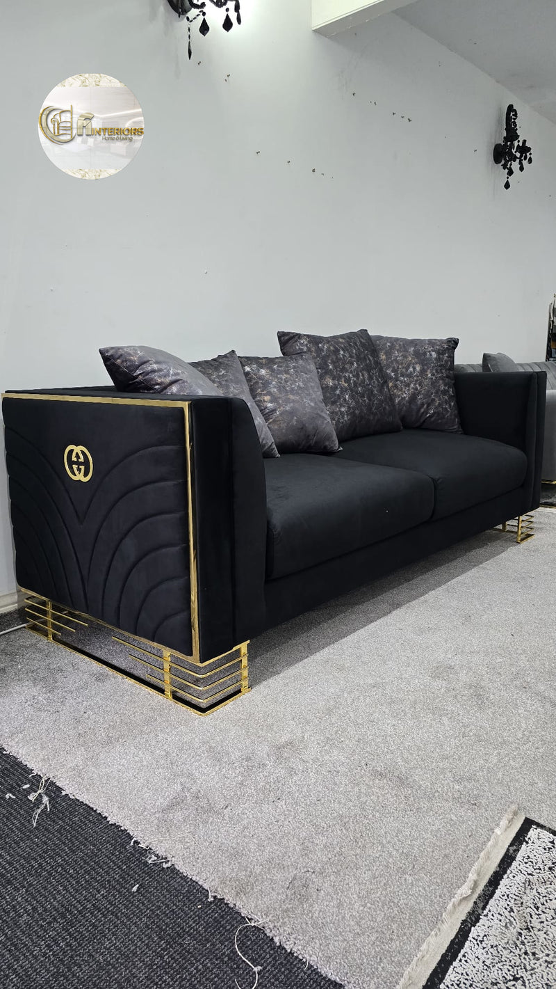 Bahrain 3+2 Sofa In Black Velvet With Gold Detailing