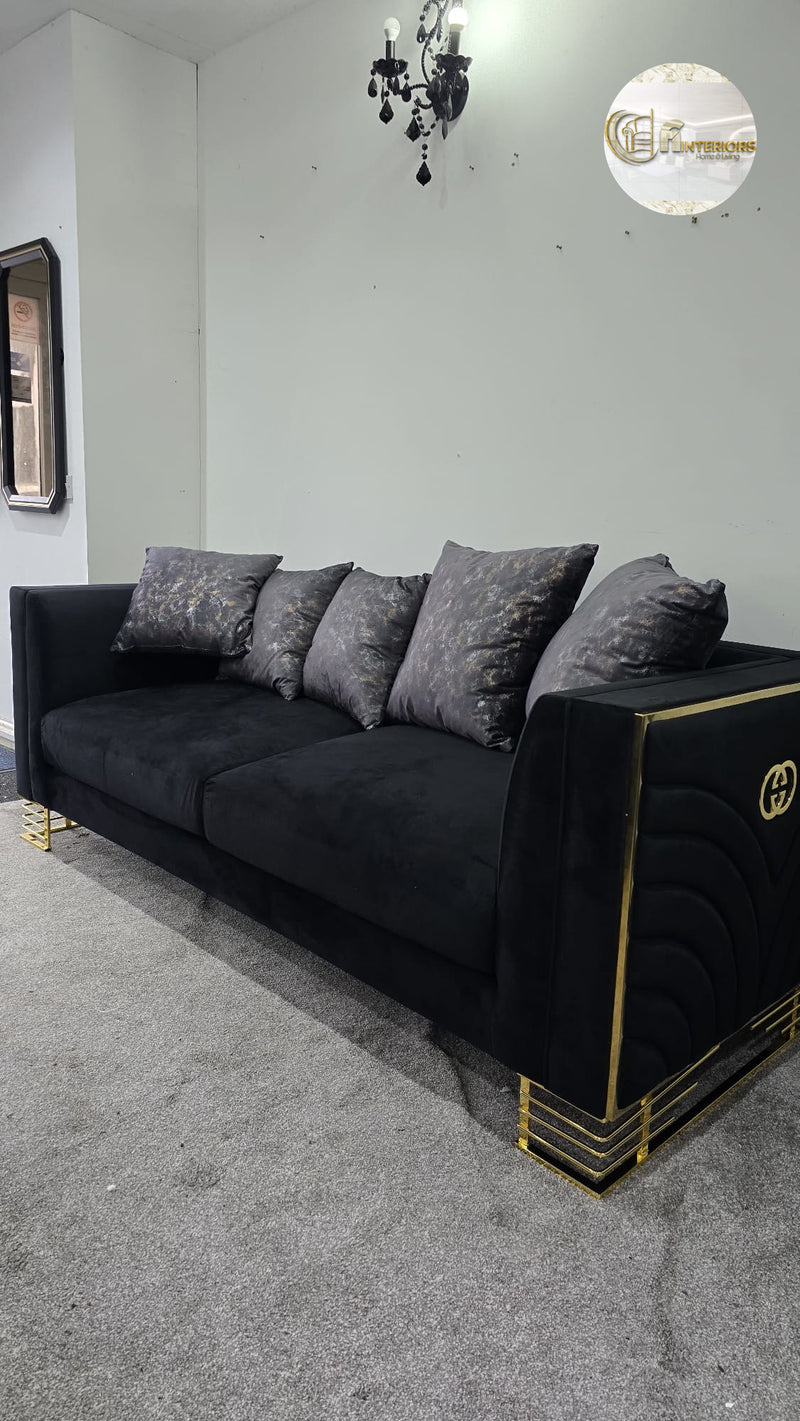 Bahrain 3+2 Sofa In Black Velvet With Gold Detailing