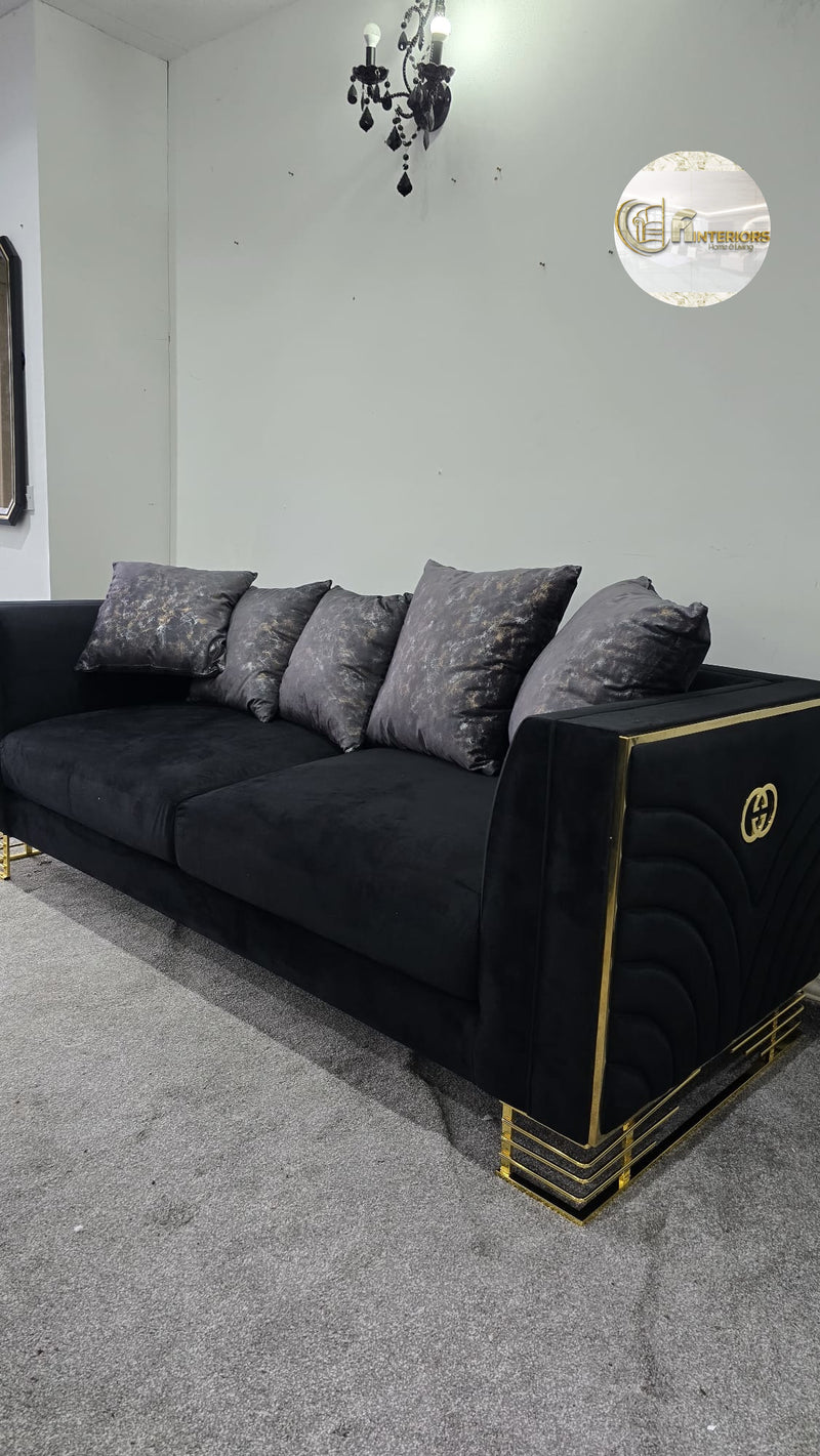 Bahrain 3+2 Sofa In Black Velvet With Gold Detailing