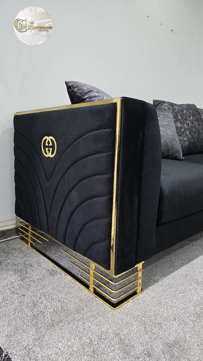 Bahrain 3+2 Sofa In Black Velvet With Gold Detailing