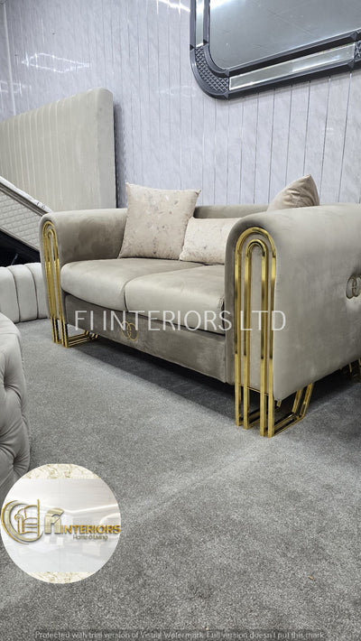 Elmira 3+2 Sofa In Beige Velvet With Gold Detailing