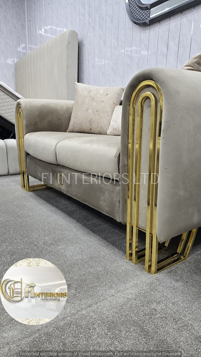 Elmira 3+2 Sofa In Beige Velvet With Gold Detailing