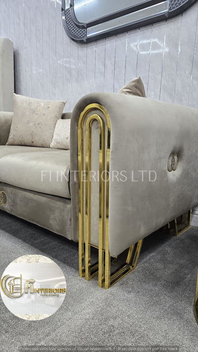 Elmira 3+2 Sofa In Beige Velvet With Gold Detailing