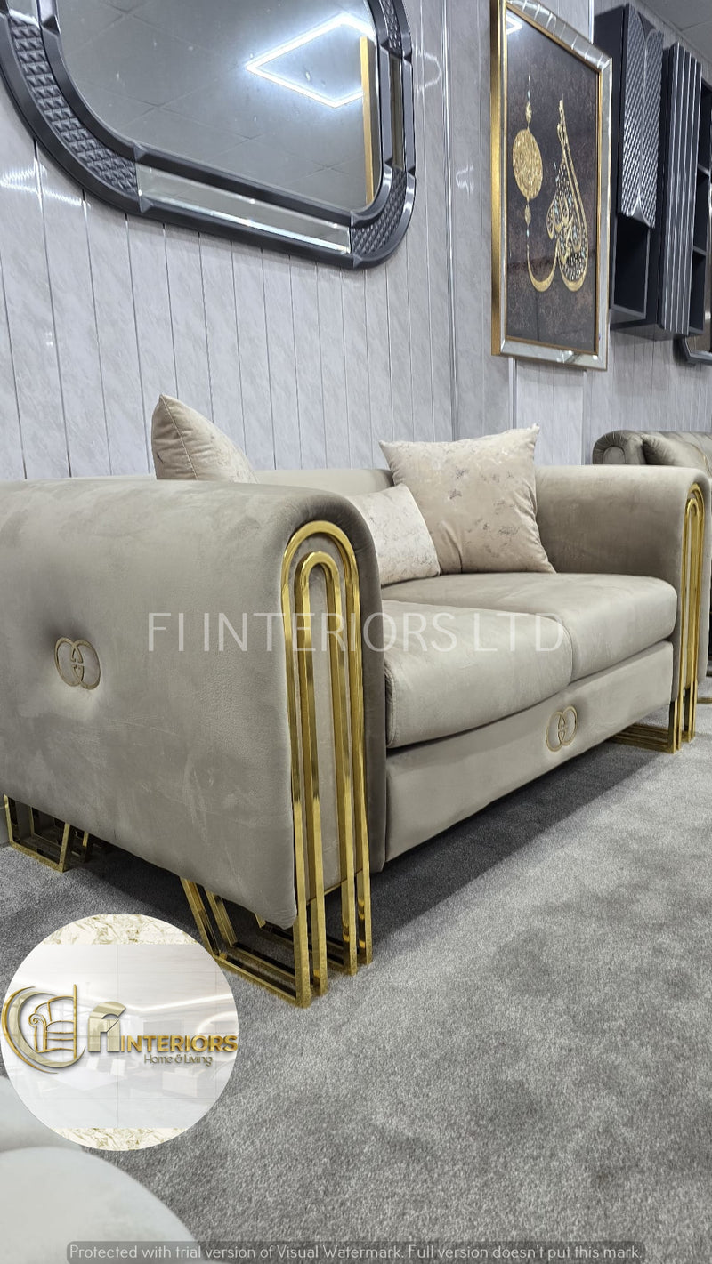 Elmira 3+2 Sofa In Beige Velvet With Gold Detailing