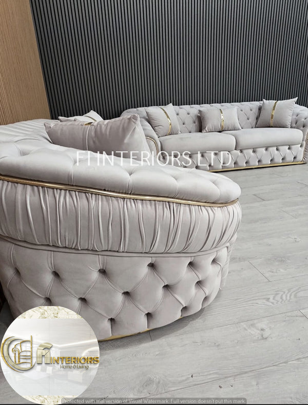 Ambassador 3+2 sofa in champagne velvet and gold accent detailing