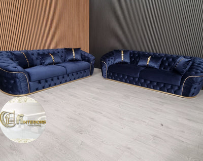 Ambassador 3+3 Seater Sofas Dark Navy Velvet Gold Detailing