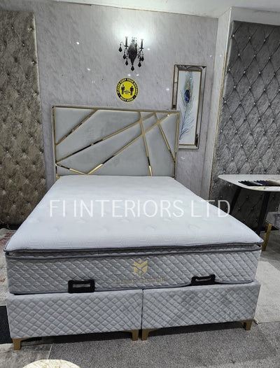 Helix Divan Bed & Mattress Set Double Silver Velvet & Gold