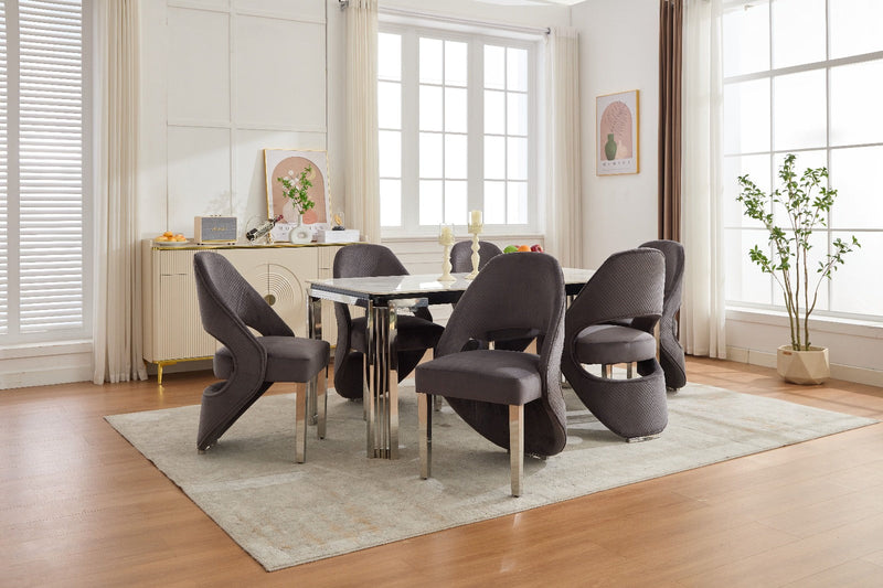 Santorini Sintered Stone Dining Table with Chrome Legs & Grey Shimmer Fabric Chairs