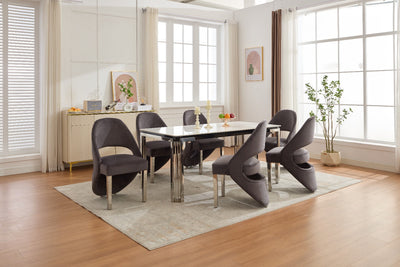 Santorini Sintered Stone Dining Table with Chrome Legs & Grey Shimmer Fabric Chairs