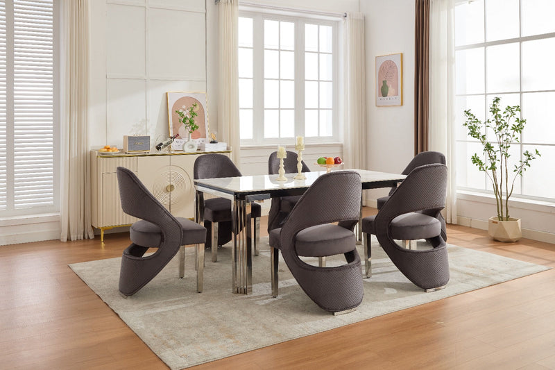 Santorini Sintered Stone Dining Table with Chrome Legs & Grey Shimmer Fabric Chairs