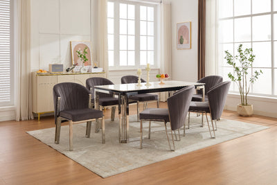 Santorini Sintered Stone Dining Table + Fabio Grey Shimmer Fabric Dining Chairs