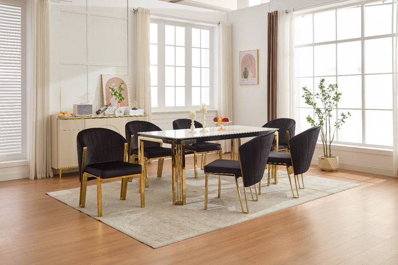 Santorini Sintered Stone Dining Table + Fabio Shimmer Fabric Dining Chairs