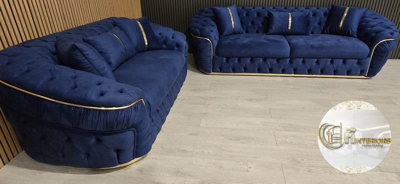 Ambassador 3+2 Seater In Navy & Gold Plush Velvet