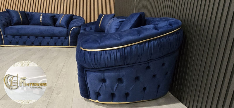 Ambassador 3+2 Seater In Navy & Gold Plush Velvet