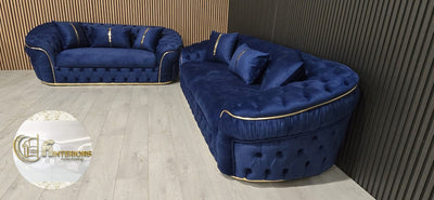 Ambassador 3+2 Seater In Navy & Gold Plush Velvet