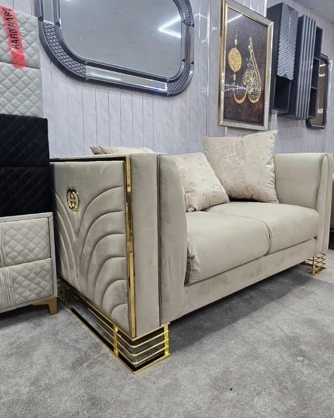 Bahrain 3+2 sofa in beige velvet with gold accent  detailing and legs