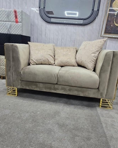 Bahrain 3+2 sofa in beige velvet with gold accent  detailing and legs
