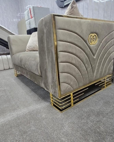 Bahrain 3+2 sofa in beige velvet with gold accent  detailing and legs