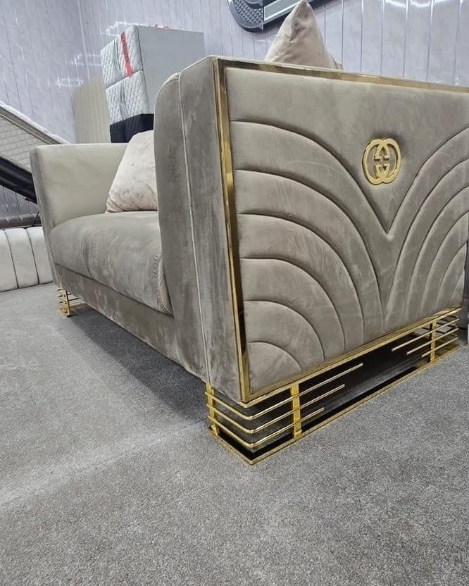 Bahrain 3+2 sofa in beige velvet with gold accent  detailing and legs